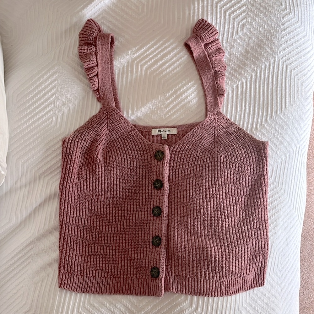 Madewell Ruffle-Strap Button-Front Sweater Tank, pink, size XS